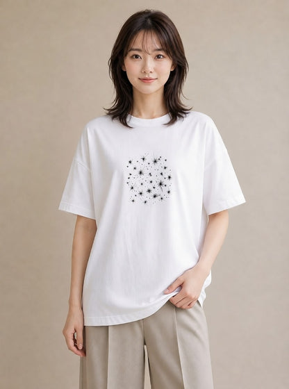 プリントTシャツ レディース 月と星 星空 ムーン イラスト 淡色 デート 帰省 白T