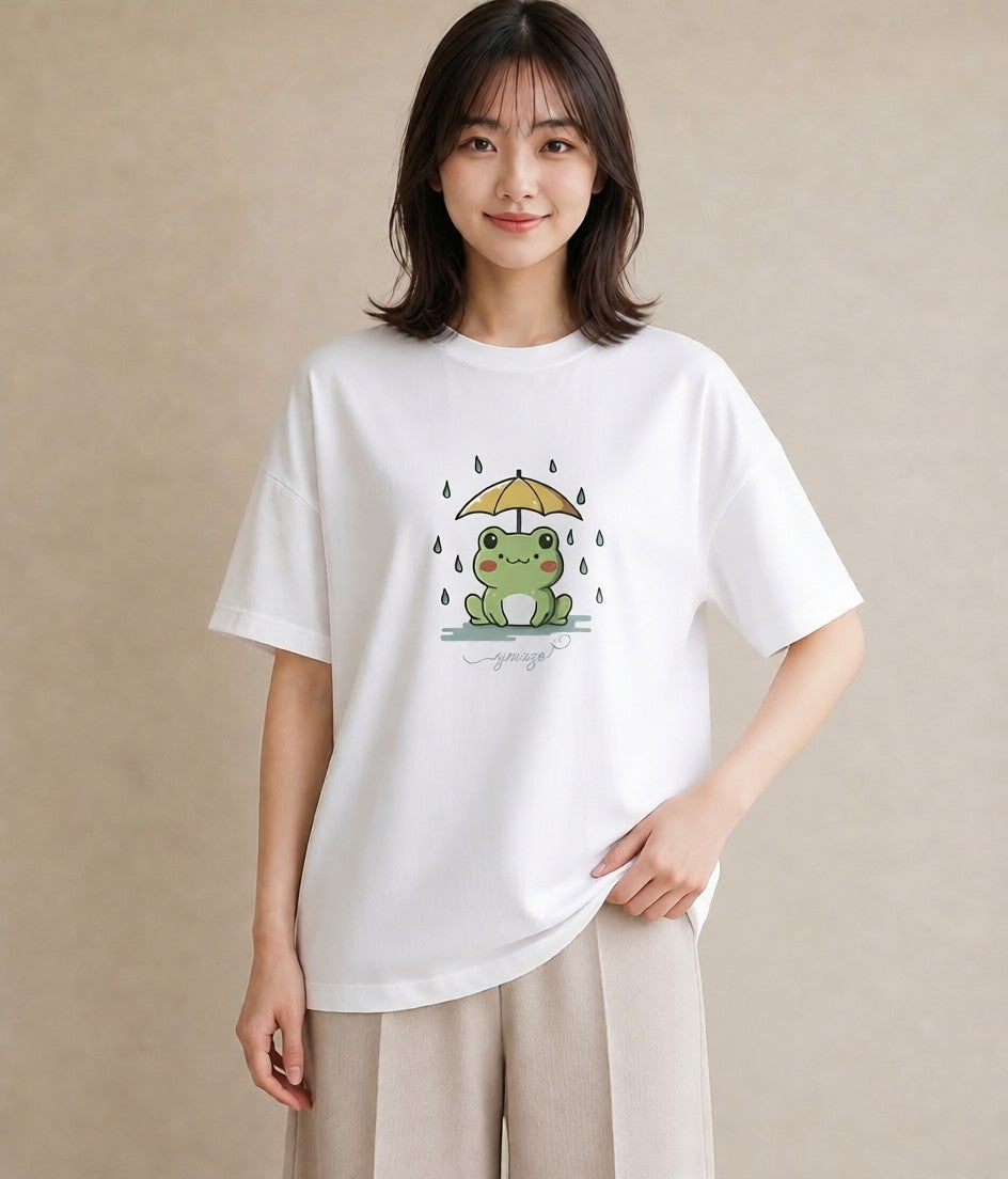 プリントTシャツ レディース 傘 水たまり 雨 ナチュラル アンティーク イラスト きれいめ デート 帰省 白T