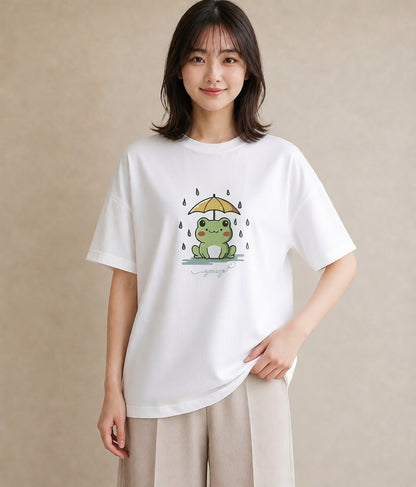 プリントTシャツ レディース 傘 水たまり 雨 ナチュラル アンティーク イラスト きれいめ デート 帰省 白T