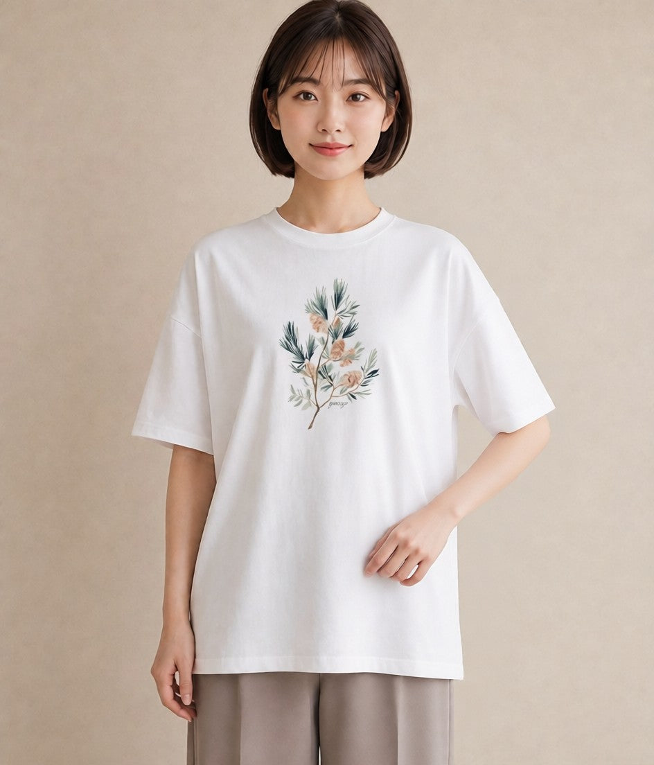デザインTシャツ レディース 松ぼっくり 植物 ボタニカル イラスト 淡色 おしゃれギフト 社会人 白T