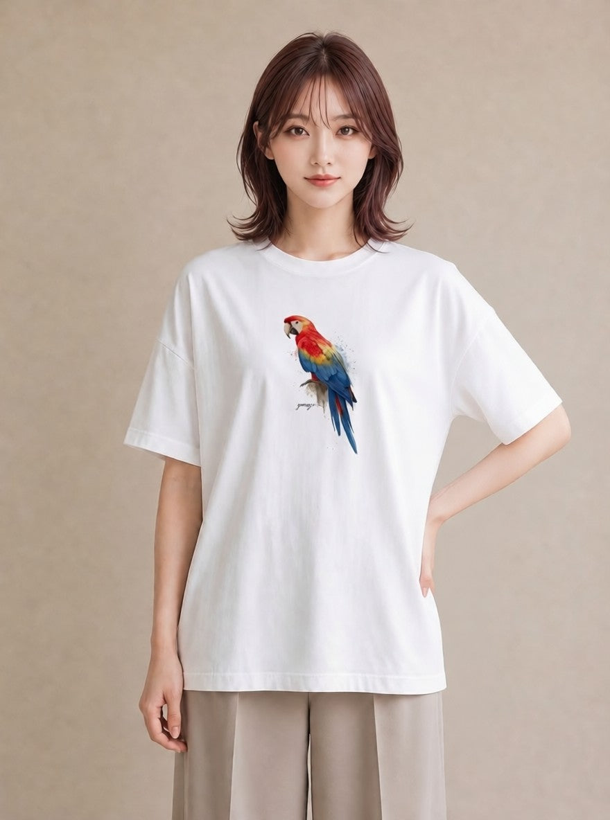 半袖Tシャツ レディース インコ ペット 動物 イラスト アート風 女性向けギフト 散歩 白T