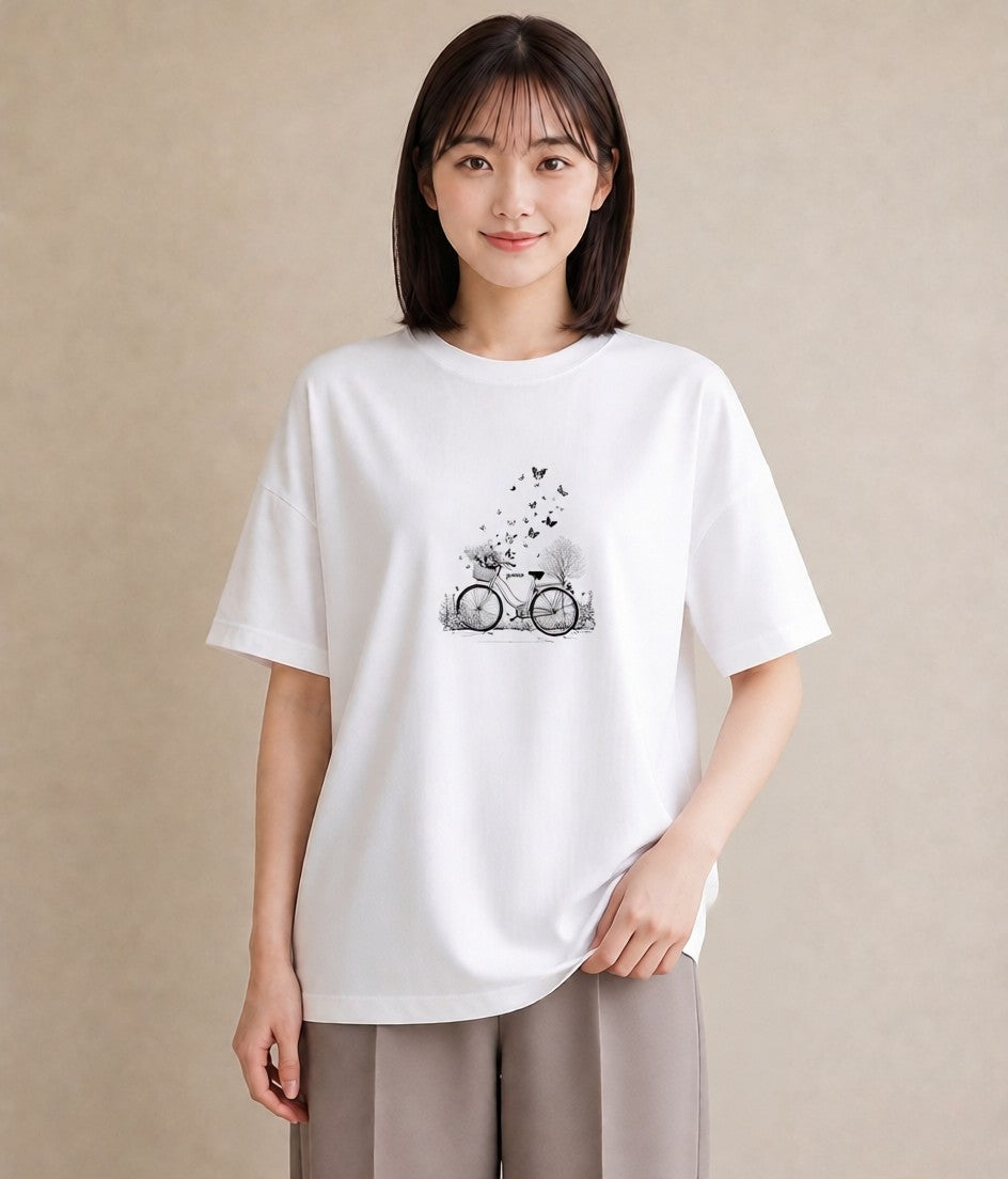 Tシャツ レディース 自転車のかご 自転車 花かご ナチュラル アンティーク イラスト 韓国風 散歩 お出かけ 白T