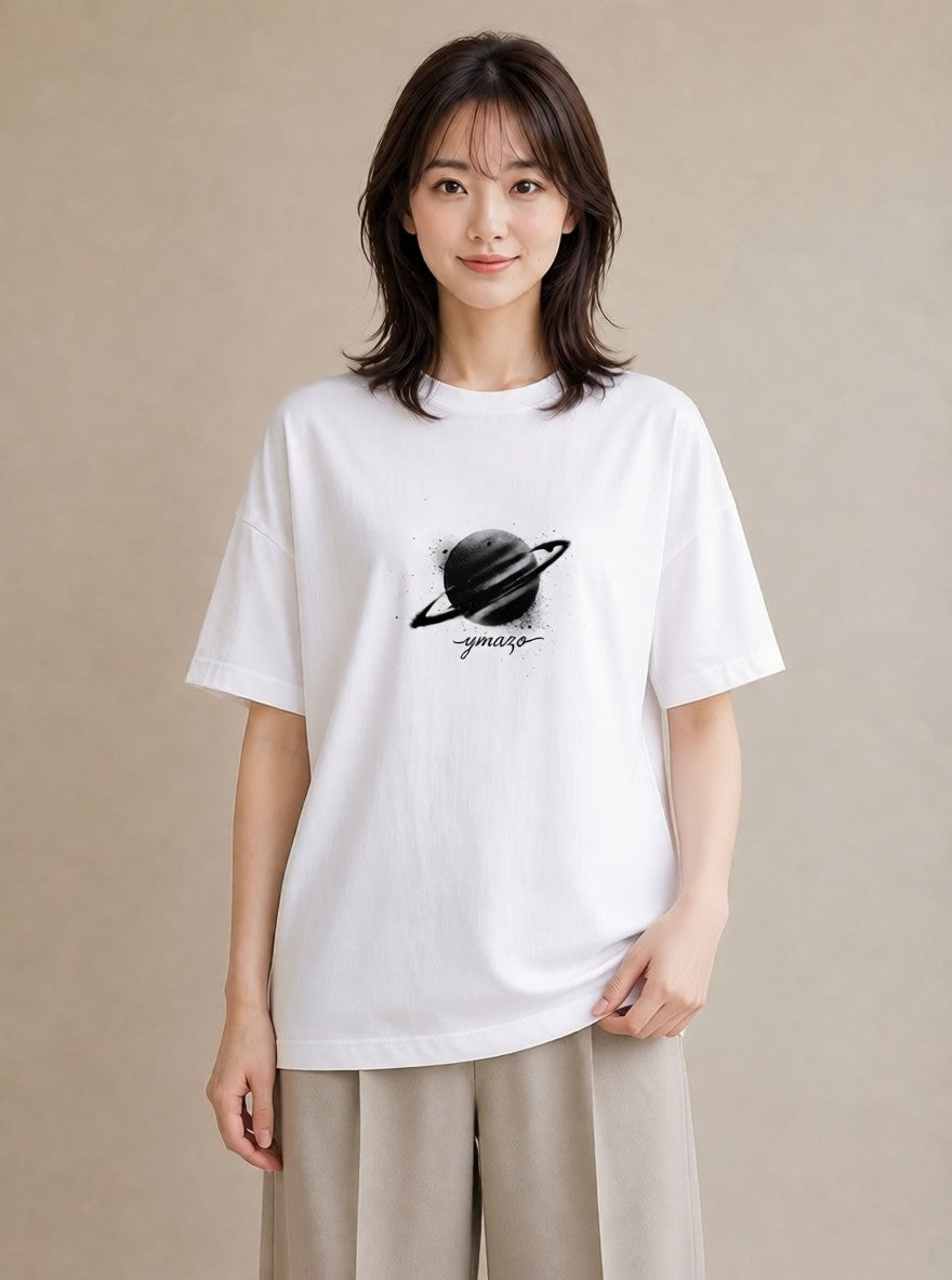 デザインTシャツ レディース 土星 星空 宇宙 イラスト 手描き風 ミセス 春コーデ 白T