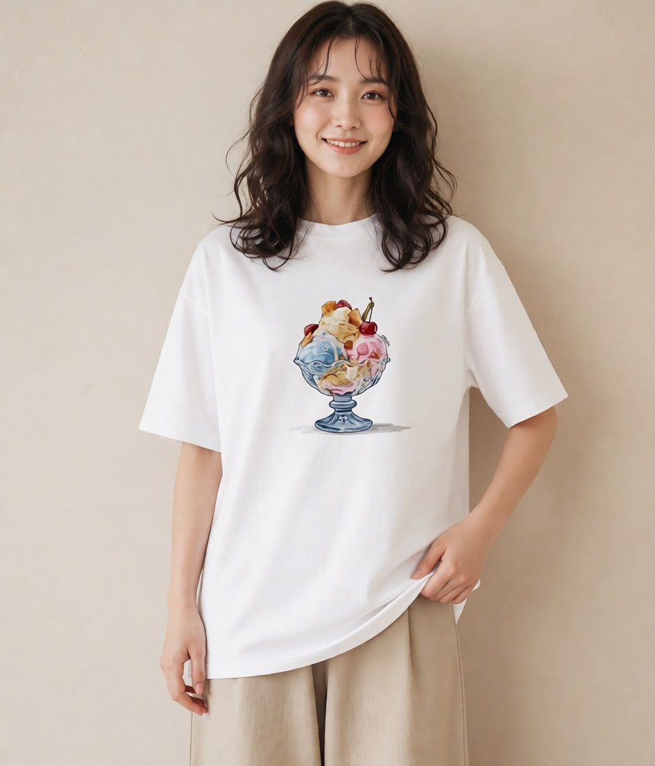 半袖Tシャツ レディース アイス 食べ物 フード イラスト 上品 カフェ巡り 女子会 白T