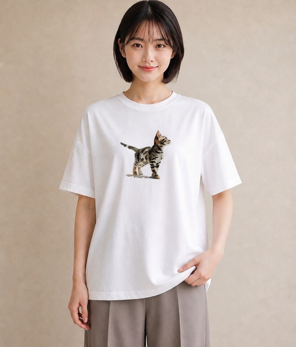 Tシャツ レディース 子猫 猫 ねこ イラスト ボタニカル 買い物 夏コーデ 白T
