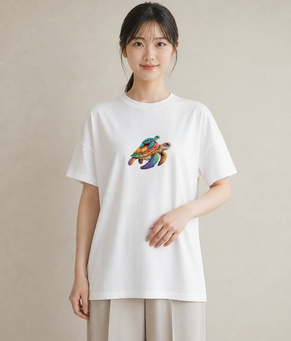 デザインTシャツ レディース カメ ペット 動物 イラスト 北欧風 お揃い 親子 白T