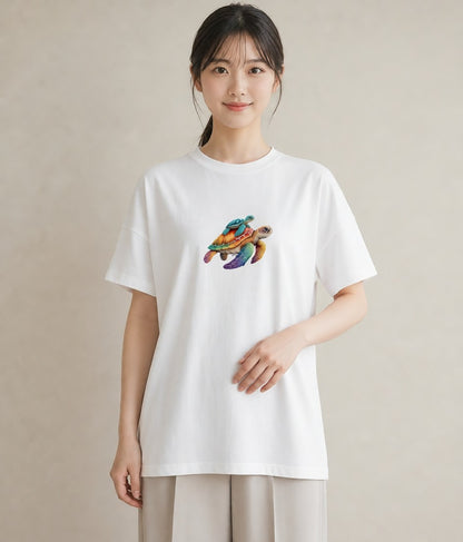 デザインTシャツ レディース カメ ペット 動物 イラスト 北欧風 お揃い 親子 白T