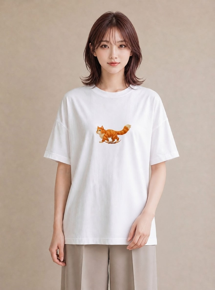 グラフィックTシャツ レディース 茶トラ 茶猫 猫 ねこ イラスト 淡色 自分用 ルームウェア 白T