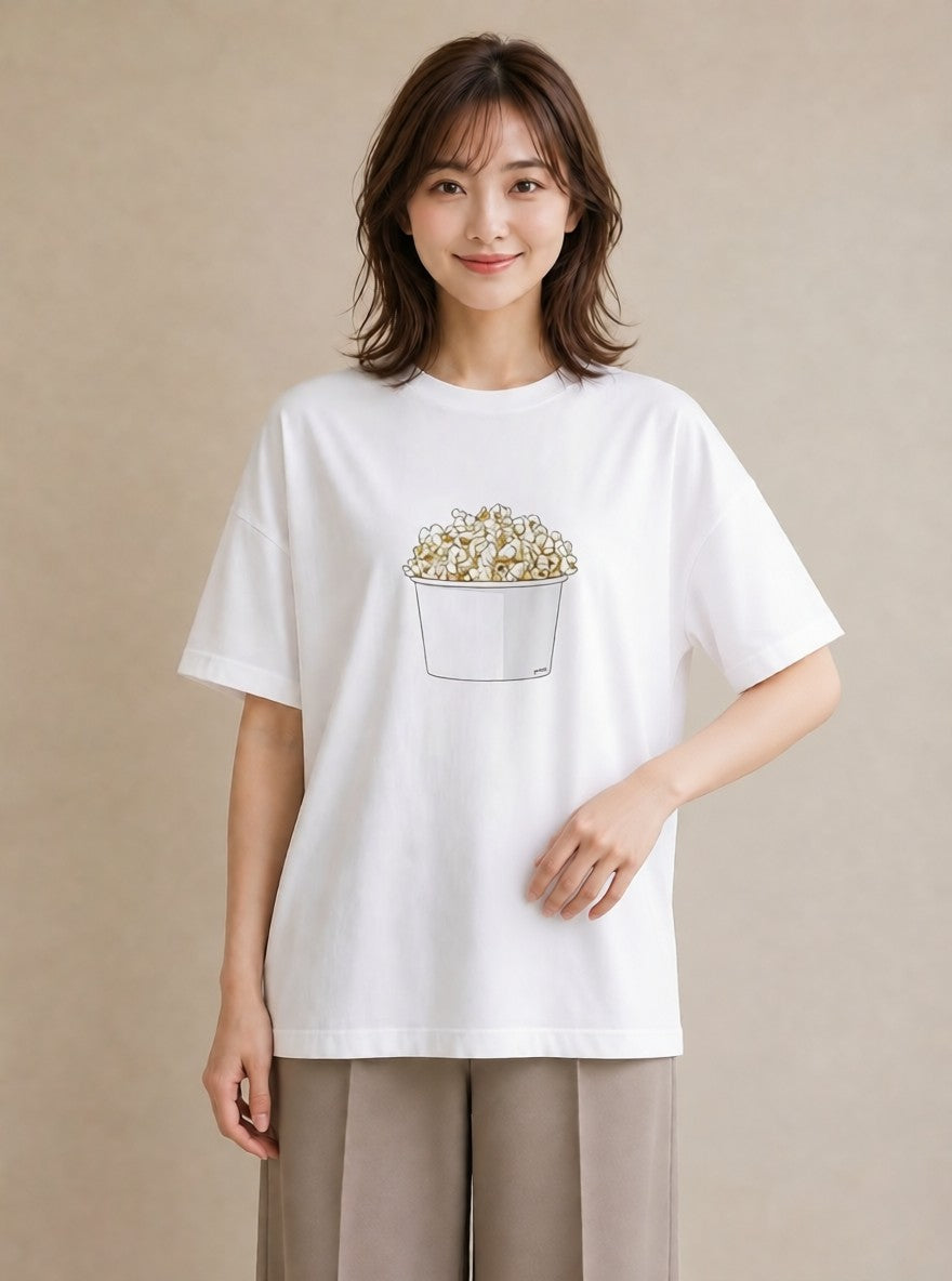 グラフィックTシャツ レディース ポップコーン 食べ物 フード イラスト フェミニン 送別ギフト 通勤 白T