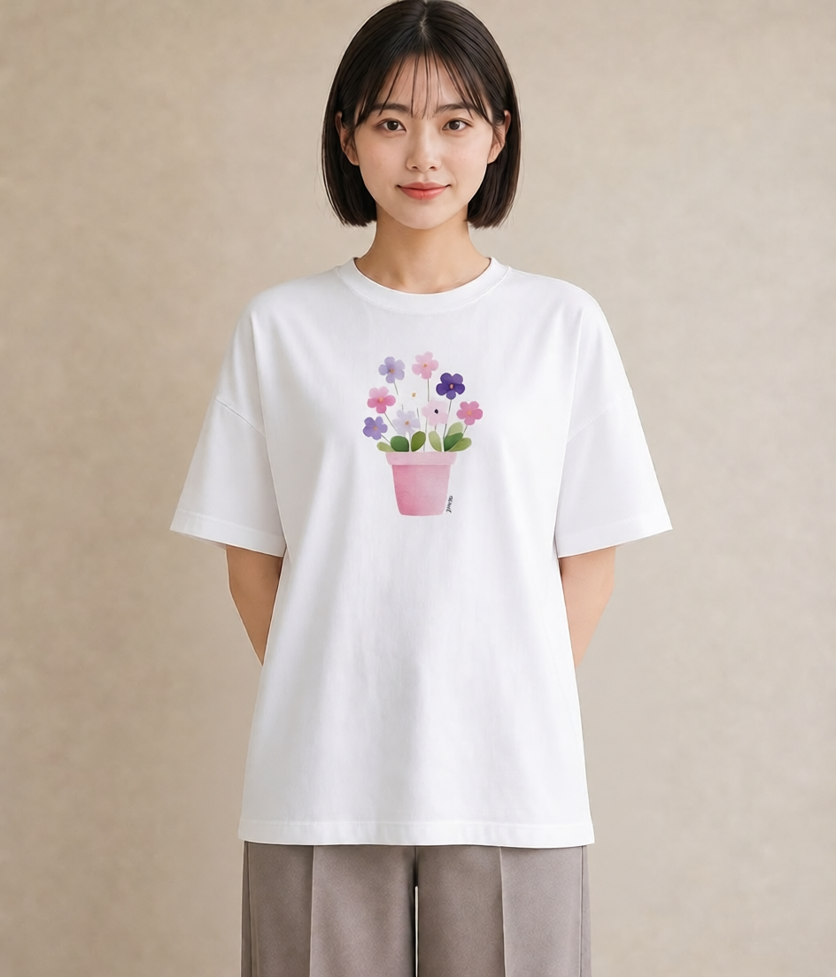 グラフィックTシャツ レディース パンジー 花 花柄 イラスト アート風 自分用 ルームウェア 白T