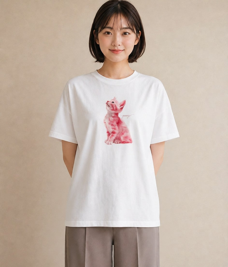 半袖Tシャツ レディース しっぽ 猫 ねこ イラスト アート風 ギフト 母の日 白T