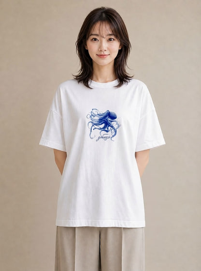 半袖Tシャツ レディース イカ 海の生き物 海 イラスト 休日コーデ カフェ巡り 白T