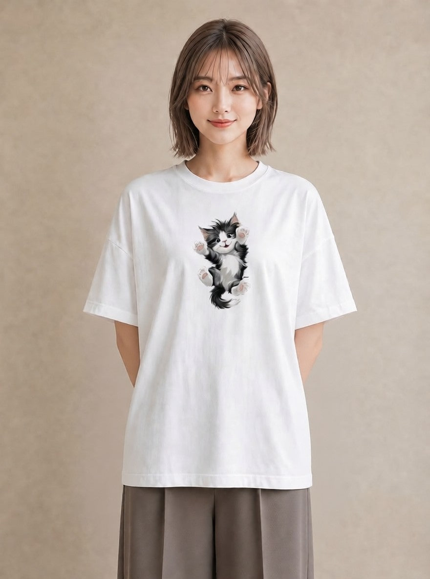 グラフィックTシャツ レディース 靴下猫 猫 ねこ イラスト カジュアル 20代 カジュアルコーデ 白T