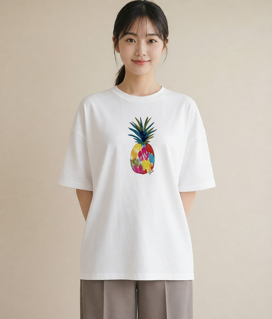 プリントTシャツ レディース パイナップル 食べ物 フード イラスト フェミニン 春服 ミセス 白T