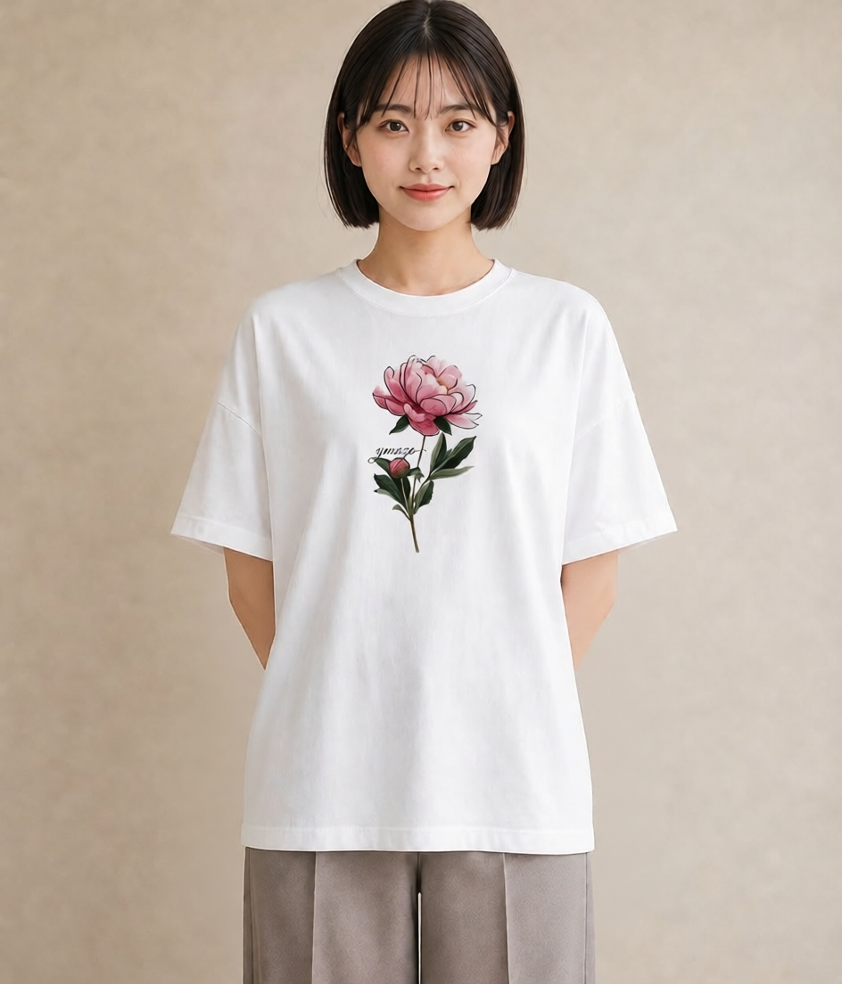 半袖Tシャツ レディース 牡丹 花 花柄 イラスト 普段使い 女性 旅行用 白T