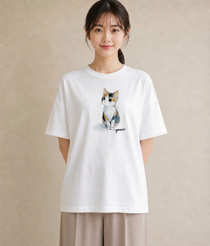 デザインTシャツ レディース ハチワレ 白黒猫 猫 ねこ イラスト カフェコーデ 女性 旅行用 白T