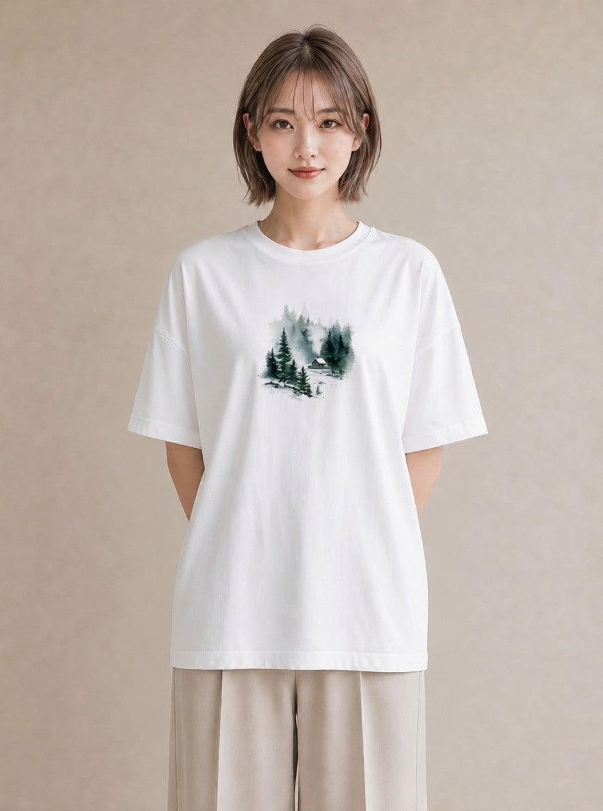 プリントTシャツ レディース 湖畔の小屋 湖 小屋 ナチュラル アンティーク イラスト 休日コーデ 誕生日プレゼント 綿100 白T