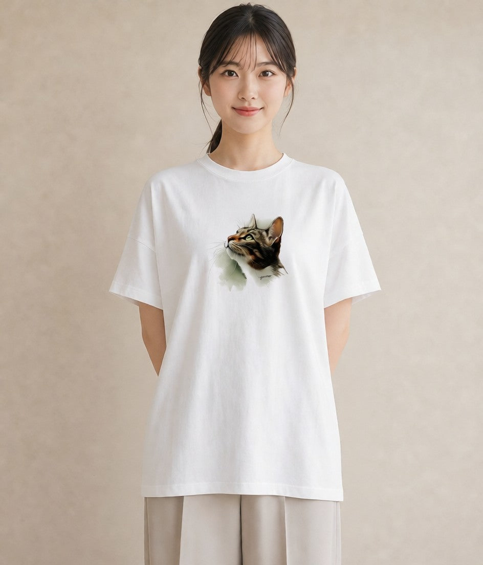 グラフィックTシャツ レディース ぶち猫 猫 ねこ イラスト アート風 女性向けギフト 散歩 白T