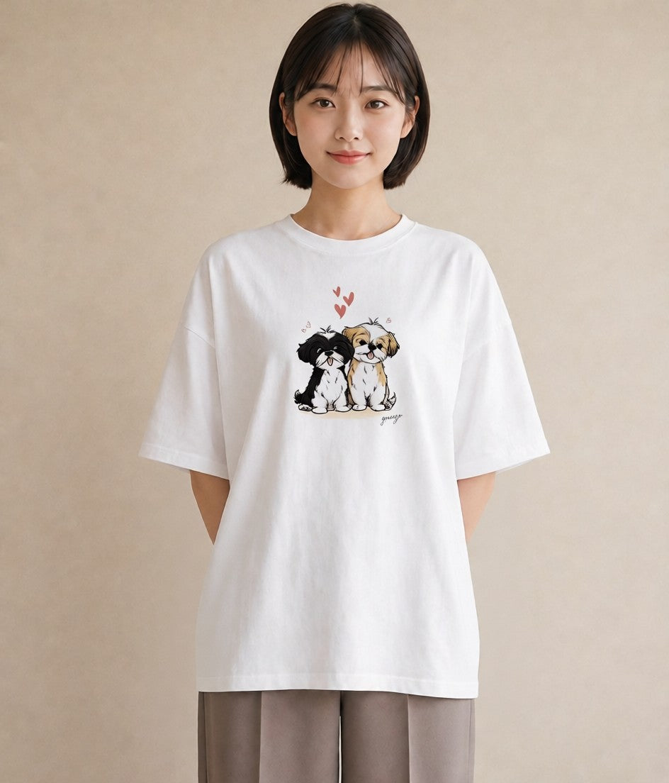 半袖Tシャツ レディース 狆 犬 いぬ イラスト ガーリー 綿100 デート 白T