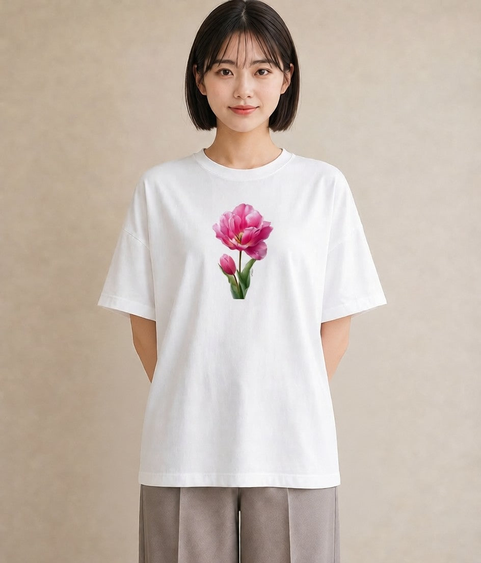 デザインTシャツ レディース チューリップ 花 花柄 イラスト 水彩風 カフェ服 クリスマス 白T