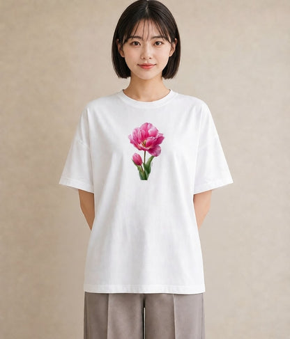 デザインTシャツ レディース チューリップ 花 花柄 イラスト 水彩風 カフェ服 クリスマス 白T