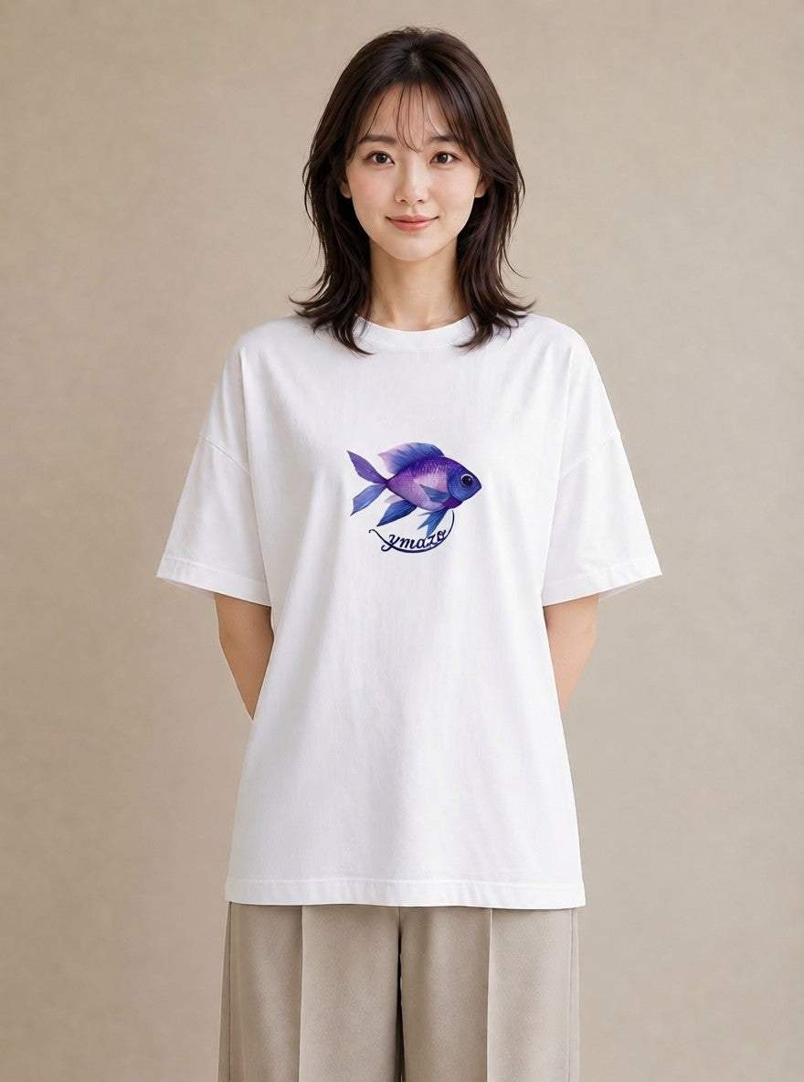 グラフィックTシャツ レディース マンボウ 海の生き物 海 イラスト シンプル 春服 ミセス 白T