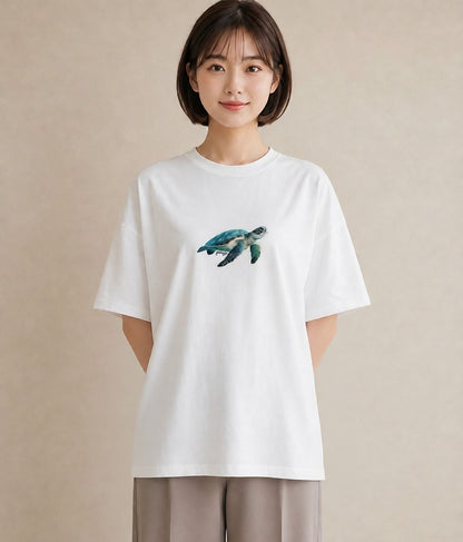 半袖Tシャツ レディース ウミガメ 海の生き物 海 イラスト 普段使い 母の日 ビーチ 白T