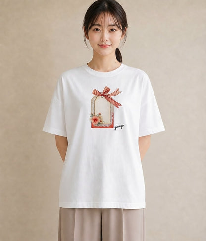 プリントTシャツ レディース 手鏡 アンティーク レトロ ナチュラル イラスト アート風 ビーチ デイリーウェア 白T