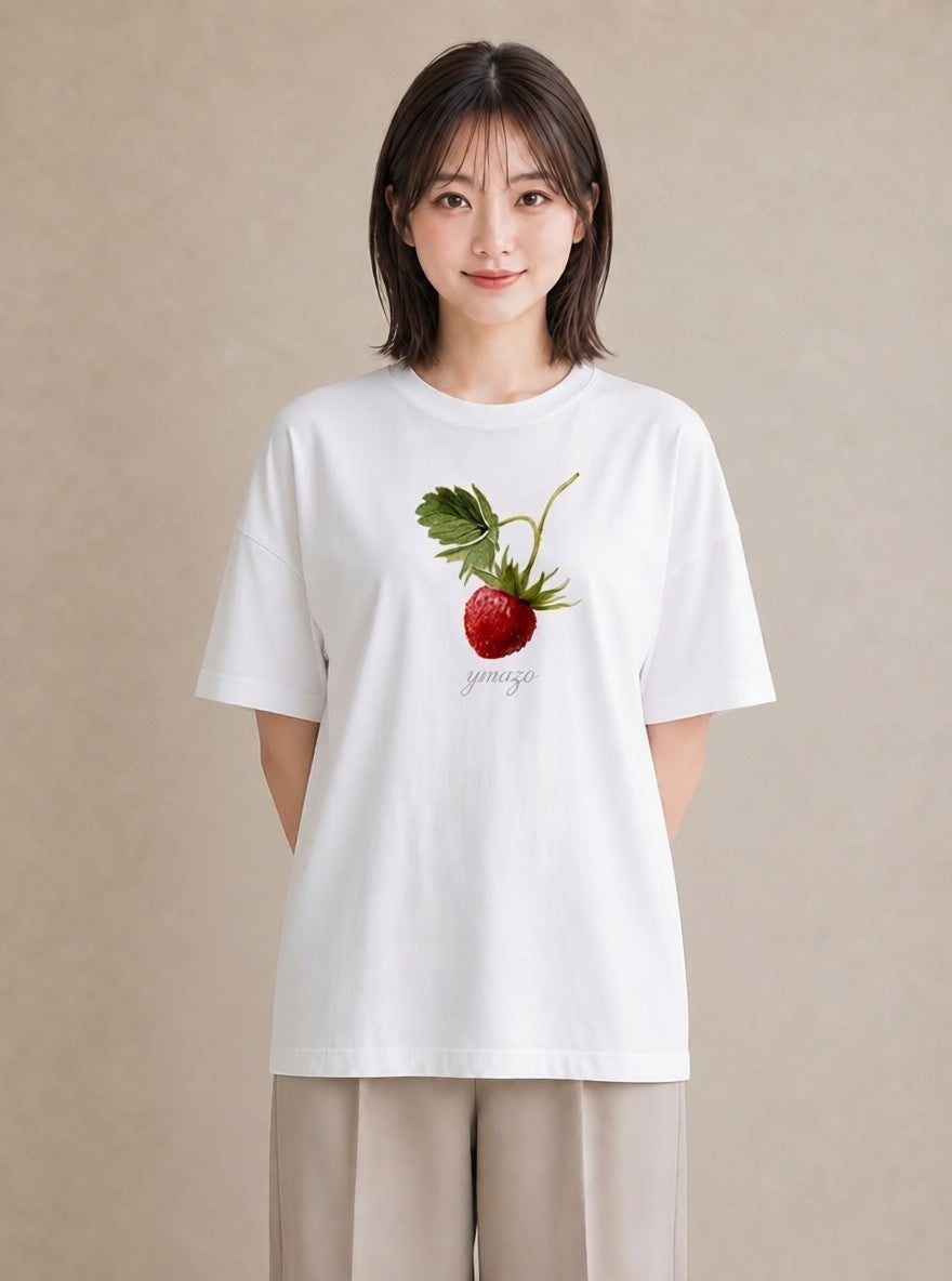 半袖Tシャツ レディース いちご 苺 ストロベリー 食べ物 フード イラスト 韓国風 春服 ミセス 白T