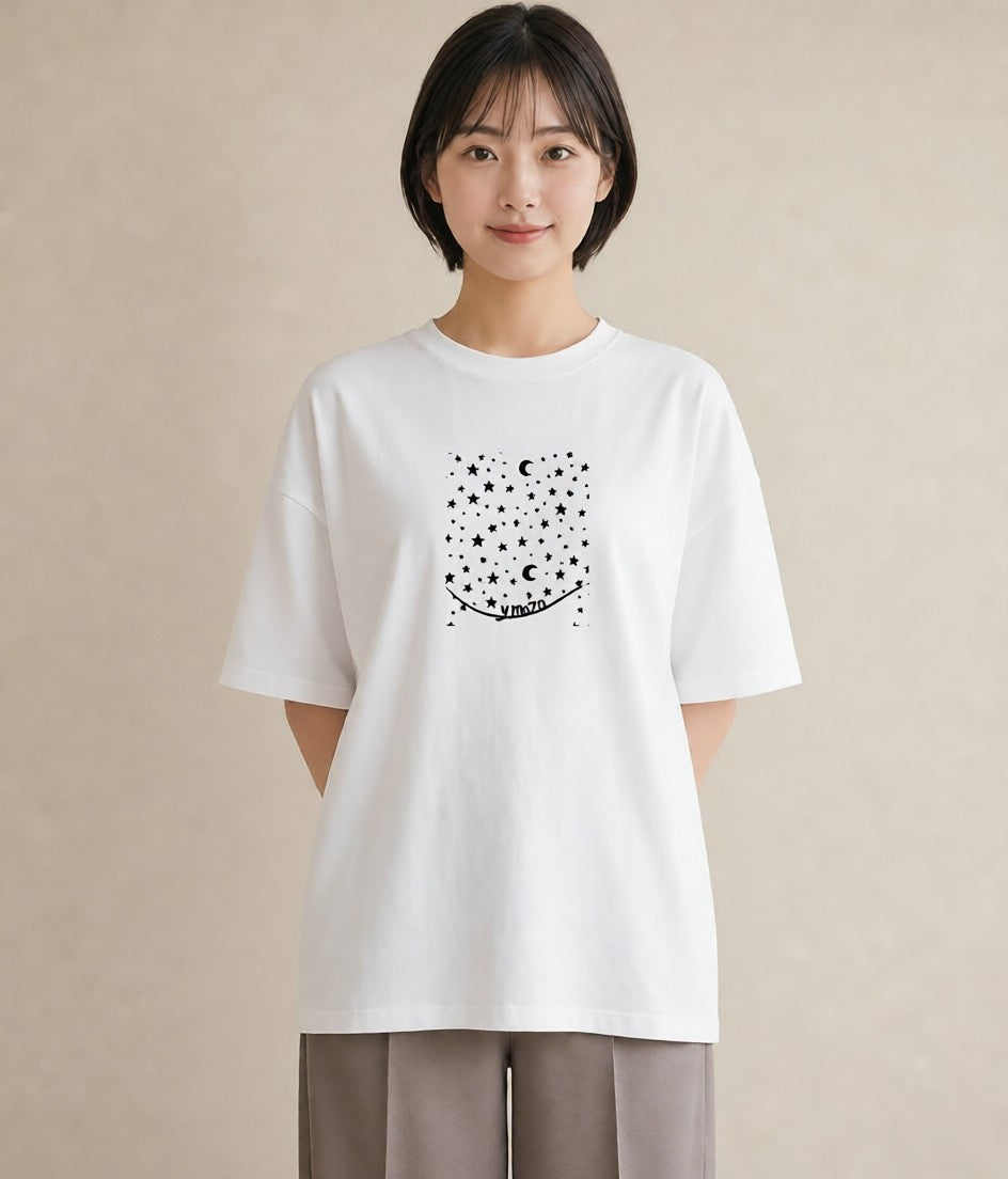 半袖Tシャツ レディース 月と星 星空 ムーン イラスト ミニマル 敬老の日 ホワイトデー 白T