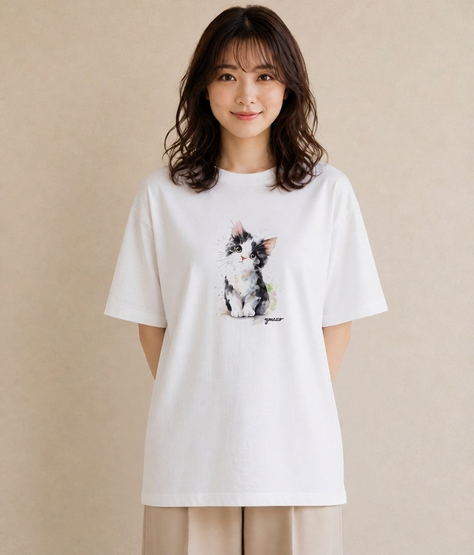 半袖Tシャツ レディース 三毛猫 みけねこ 三毛 猫 ねこ イラスト フェミニン 散歩 お出かけ 白T