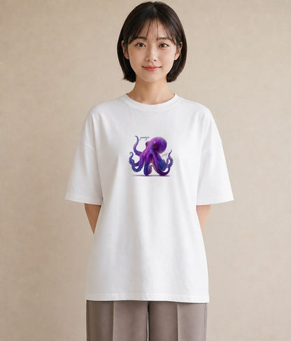 プリントTシャツ レディース イカ 海の生き物 海 イラスト 普段使い 旅行 母娘コーデ 白T