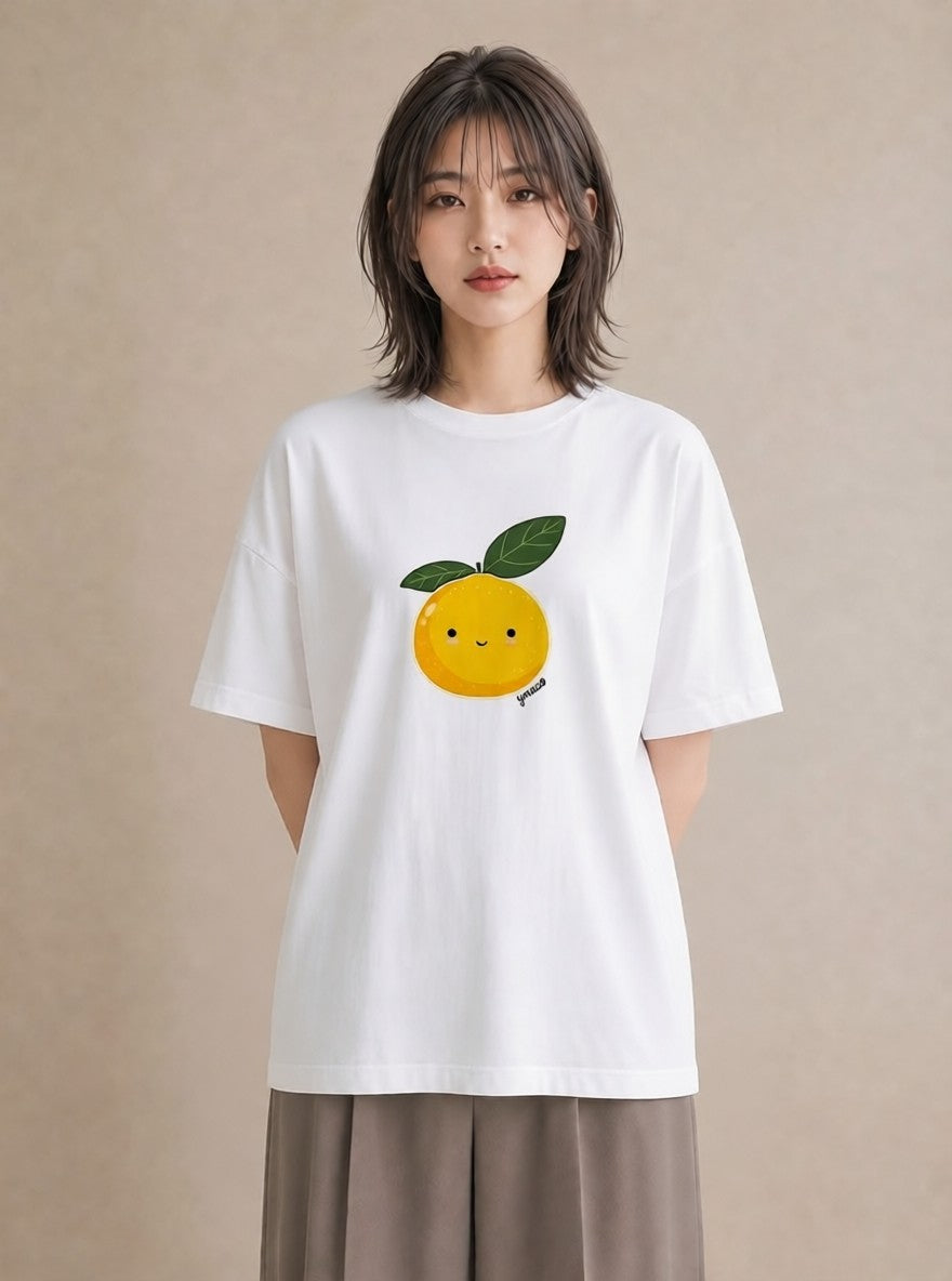 プリントTシャツ レディース みかん 食べ物 フード イラスト カフェコーデ ミセス 春コーデ 白T