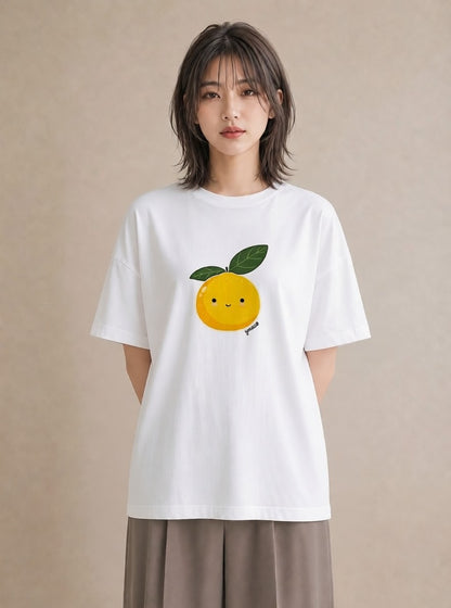 プリントTシャツ レディース みかん 食べ物 フード イラスト カフェコーデ ミセス 春コーデ 白T