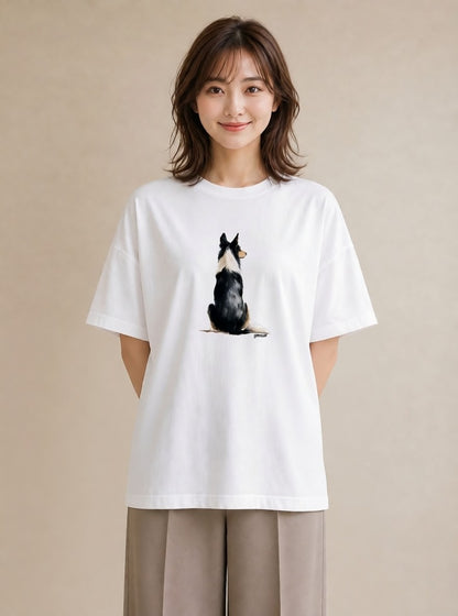 半袖Tシャツ レディース ボーダーコリー 犬 いぬ イラスト シンプル カフェ服 クリスマス 白T