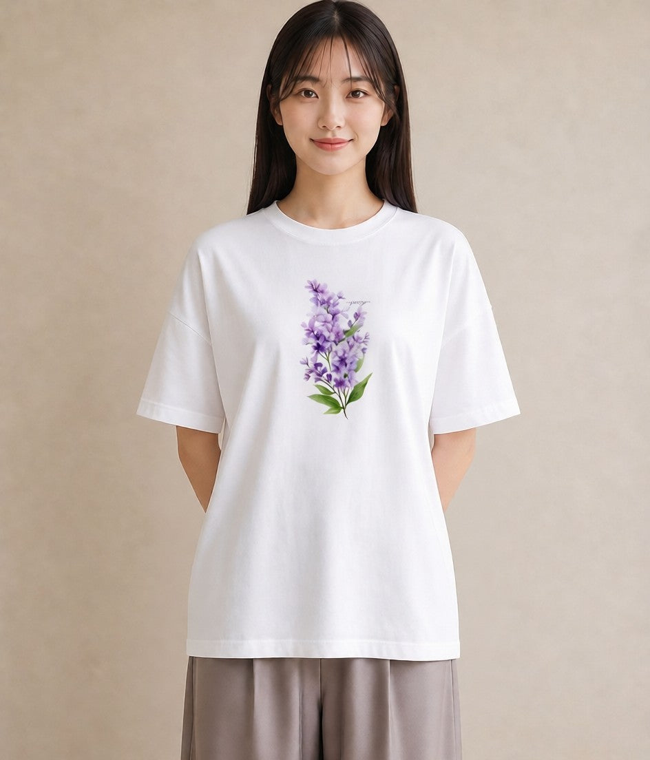 プリントTシャツ レディース ラベンダー 花 花柄 イラスト ラフカジュアル 友達ギフト 部屋着 白T