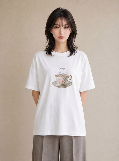 グラフィックTシャツ レディース ハーブティー 食べ物 フード イラスト ガーリー ペアコーデ 秋コーデ 白T