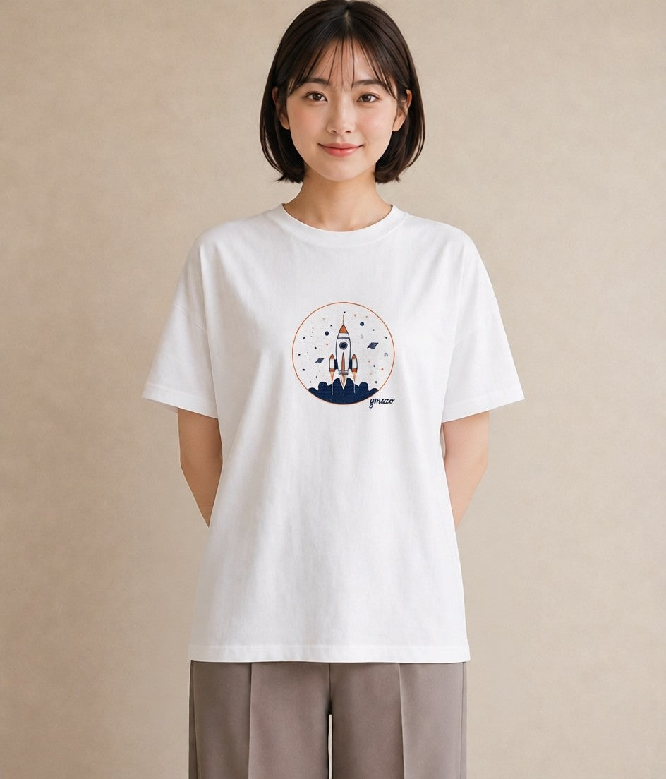 半袖Tシャツ レディース ロケット 星空 宇宙 イラスト ガーリー 買い物 夏コーデ 白T