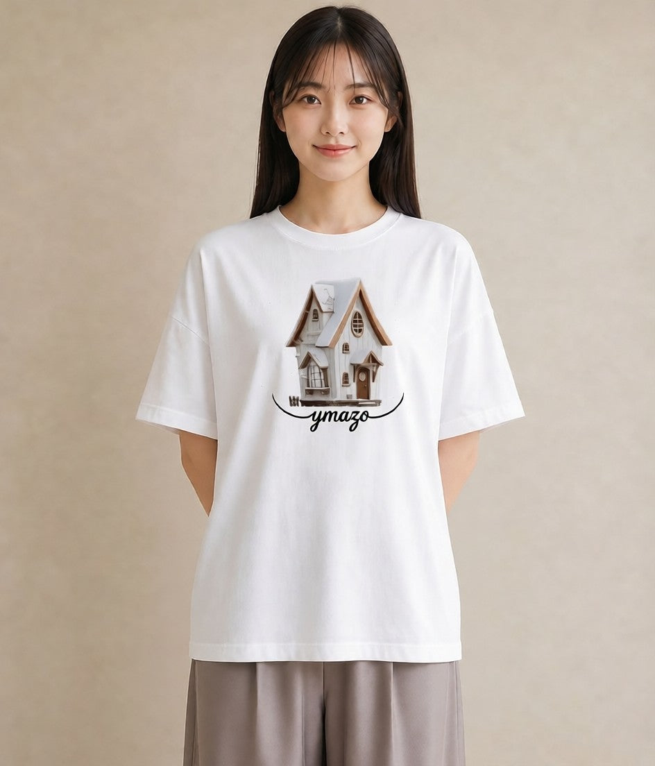 プリントTシャツ レディース 灯りの家 小屋 夜 ナチュラル アンティーク イラスト ガーリー ペアコーデ 秋コーデ 白T