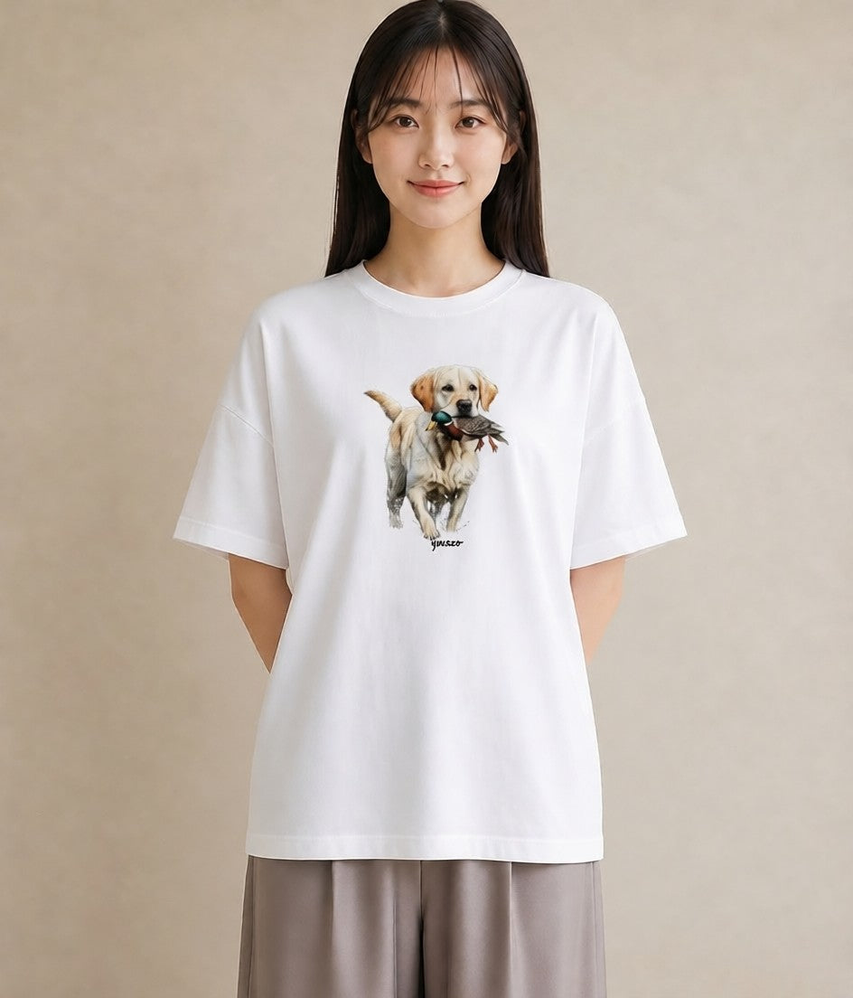 グラフィックTシャツ レディース ラブラドールレトリバー 犬 いぬ イラスト 手描き風 買い物 夏コーデ 白T