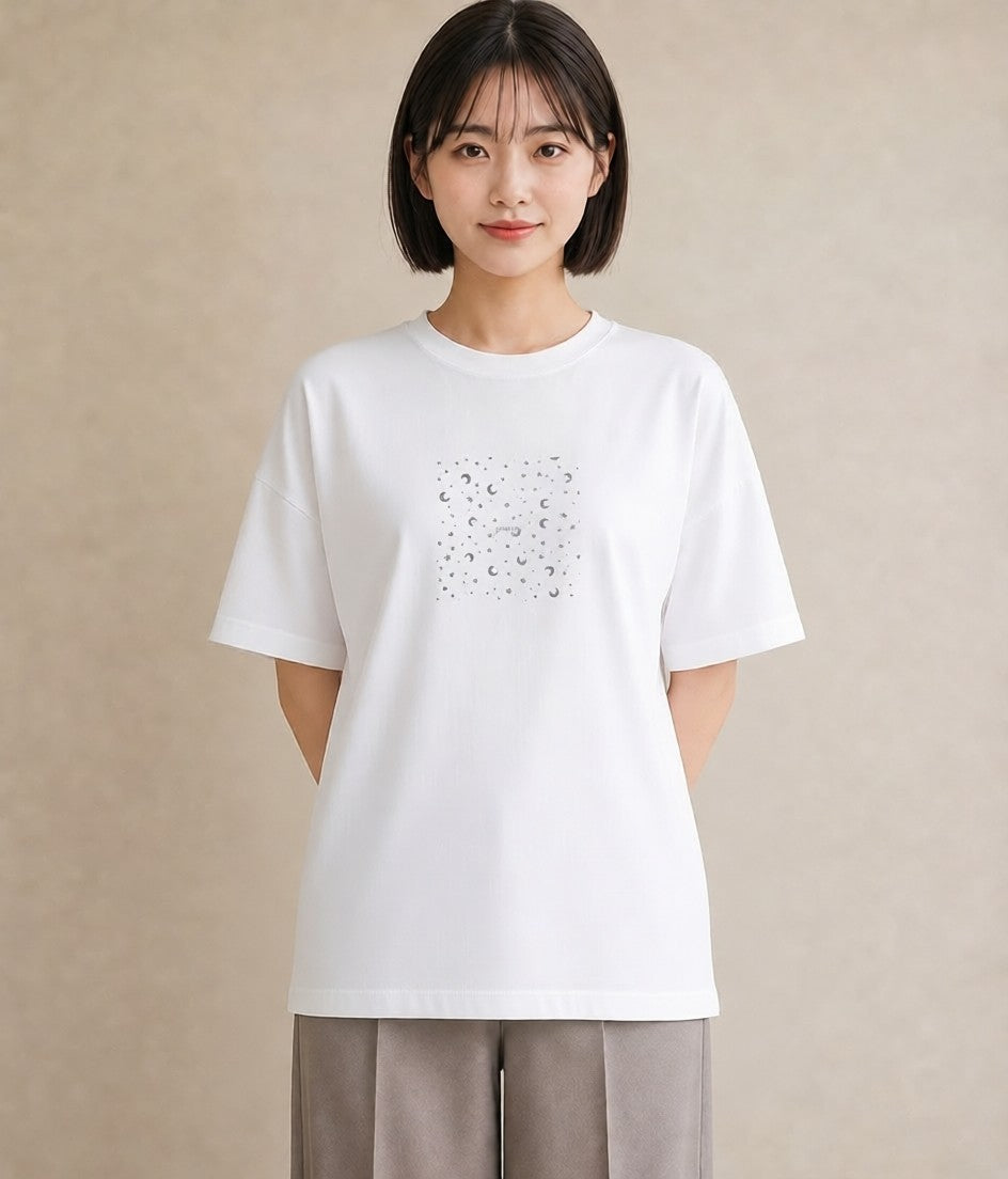 グラフィックTシャツ レディース 月と星 星空 ムーン イラスト カジュアル 旅行用 海 白T