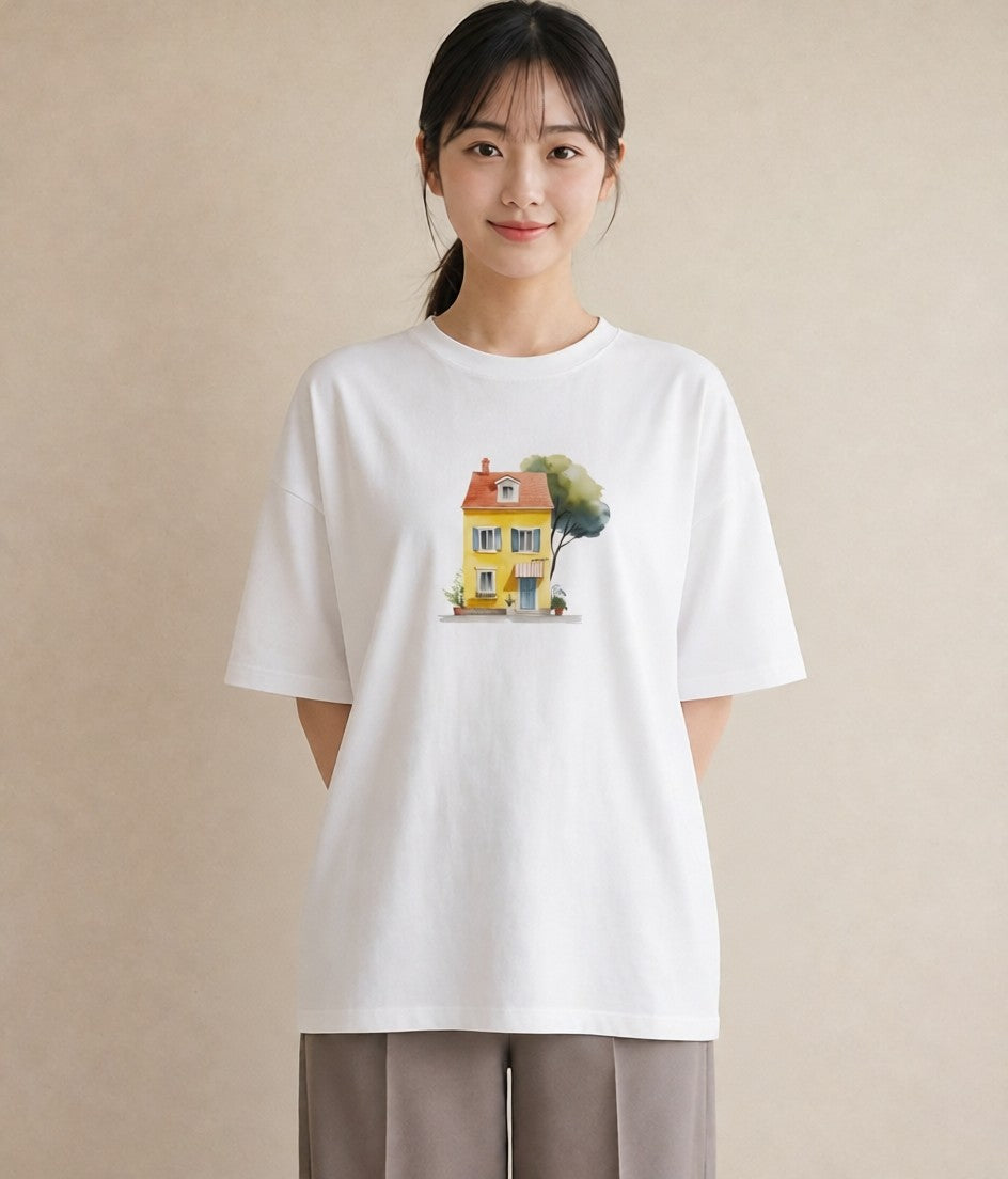 Tシャツ レディース 灯りの家 小屋 夜 ナチュラル アンティーク イラスト 上品 旅行 母娘コーデ 白T