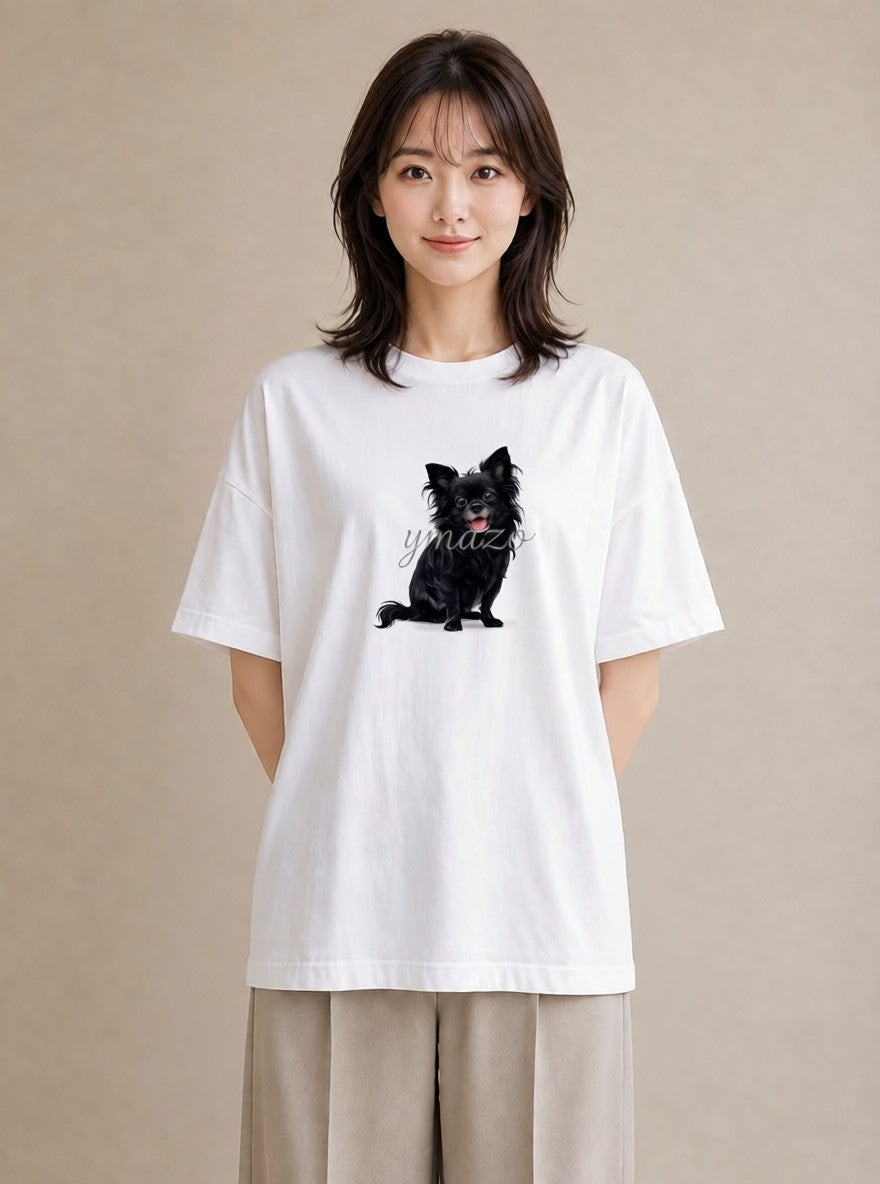 半袖Tシャツ レディース ロングコートチワワ 犬 いぬ イラスト きれいめカジュアル 春コーデ 姉妹 白T