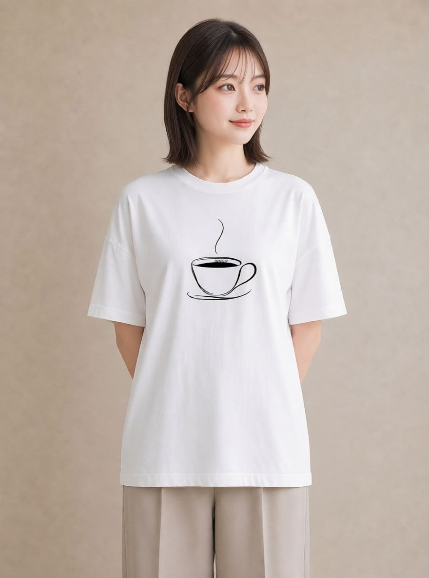 グラフィックTシャツ レディース コーヒー カフェ 珈琲 イラスト 淡色 通勤 在宅 白T