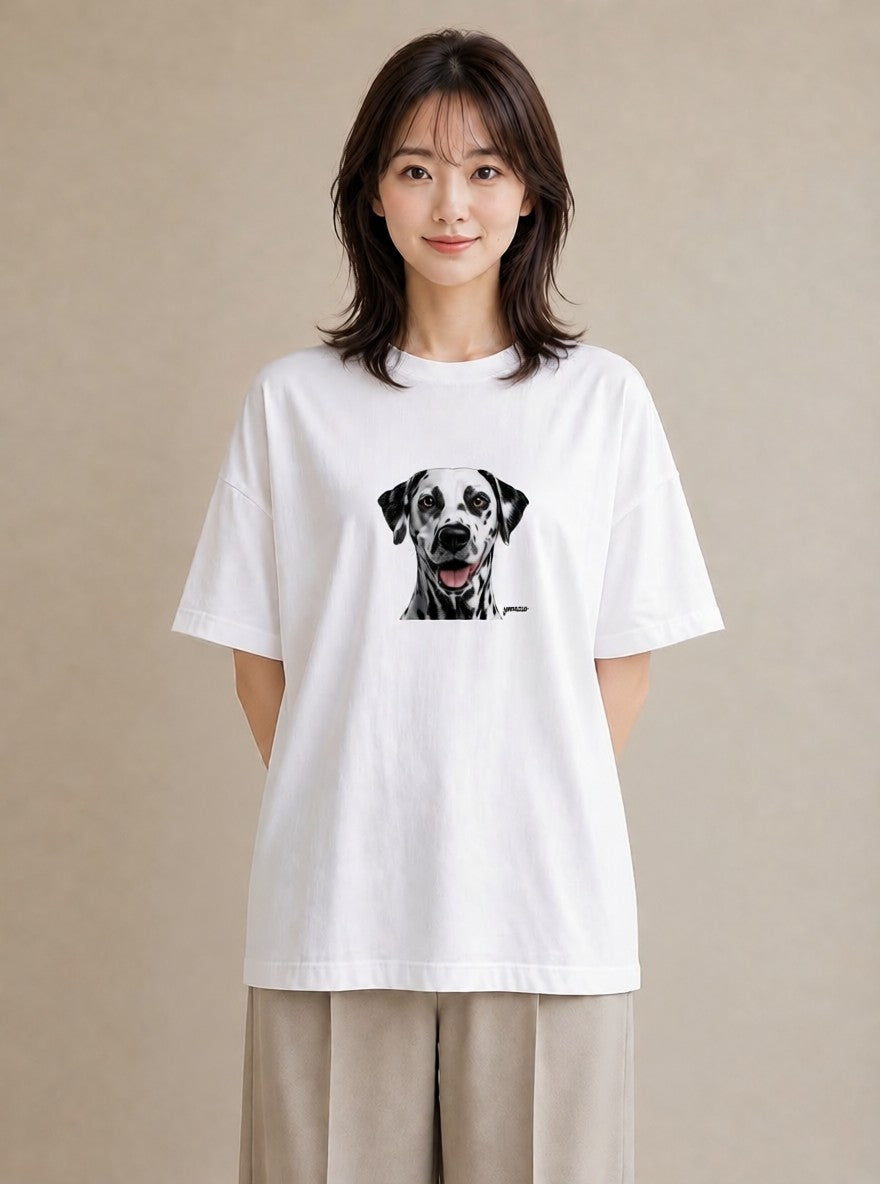 プリントTシャツ レディース ダルメシアン 犬 いぬ イラスト 淡色 カフェ服 クリスマス 白T
