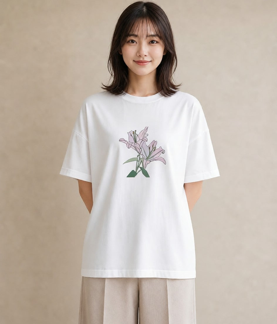 プリントTシャツ レディース ゆり 百合 花 花柄 イラスト 北欧風 旅行 母娘コーデ 白T