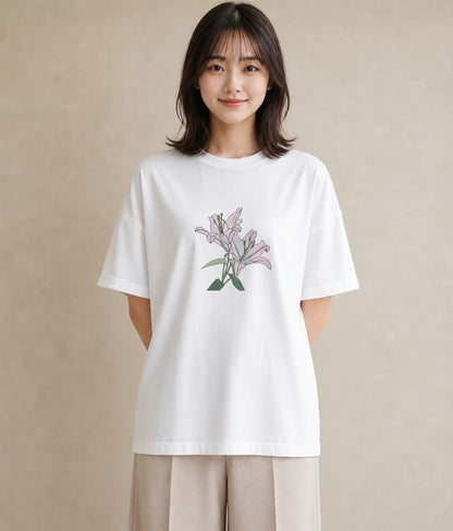 プリントTシャツ レディース ゆり 百合 花 花柄 イラスト 北欧風 旅行 母娘コーデ 白T
