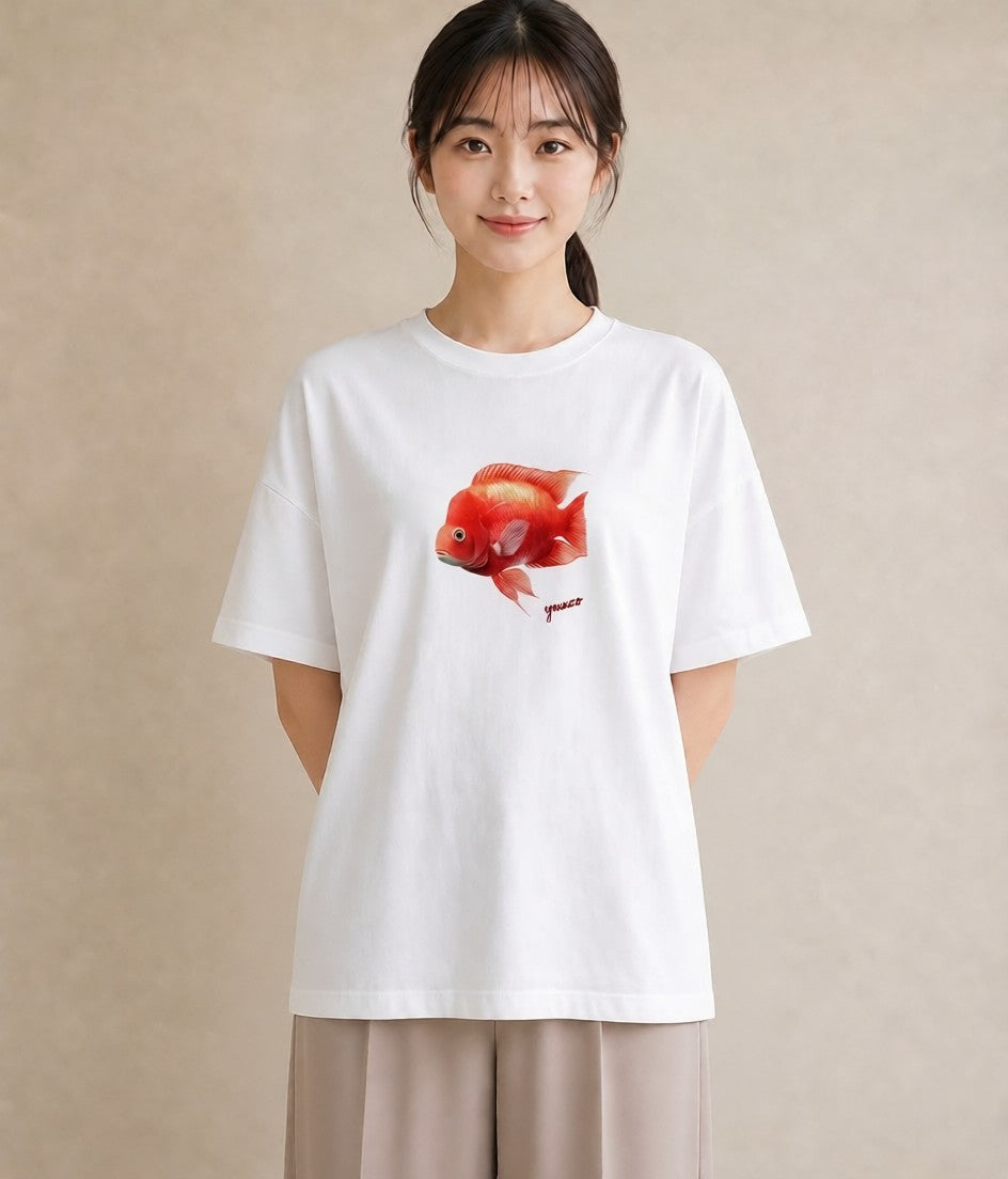 半袖Tシャツ レディース 出目金 ペット 動物 イラスト ユニーク 女性向けギフト 散歩 白T