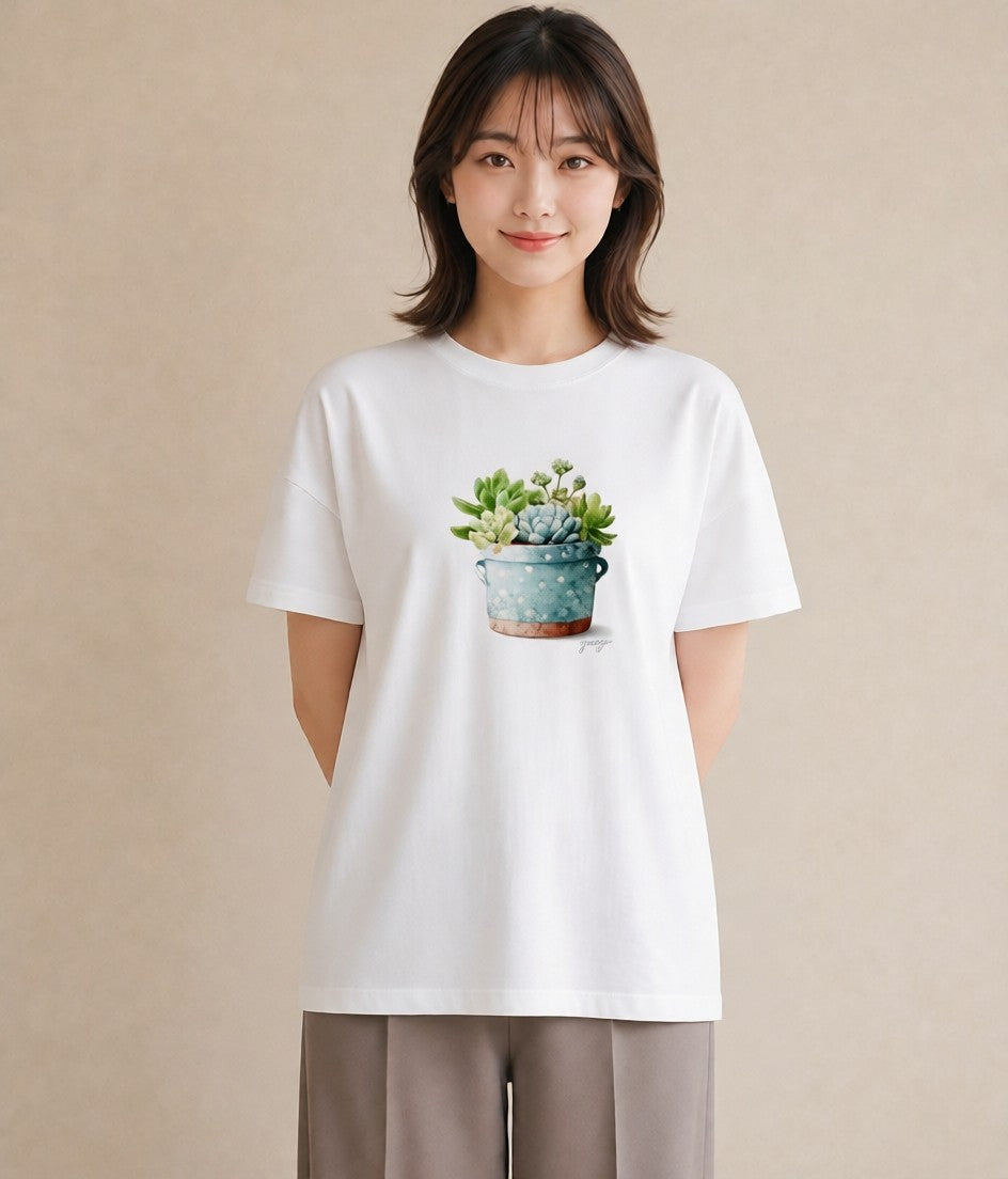 デザインTシャツ レディース 多肉植物 植物 ボタニカル イラスト フェミニン 海 カフェ巡り 白T