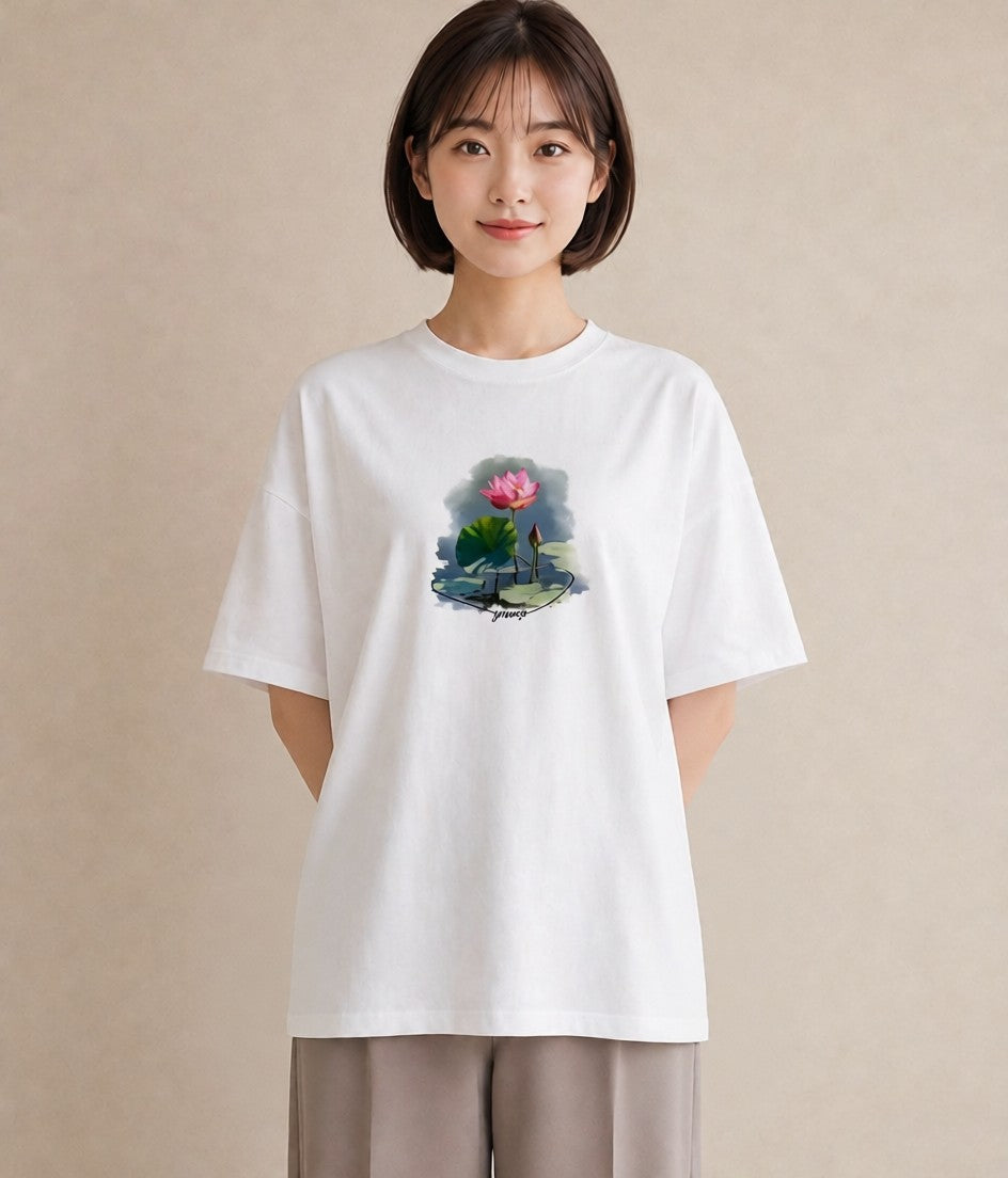 プリントTシャツ レディース 蓮 花 花柄 イラスト 線画 デイリーウェア 休日 白T